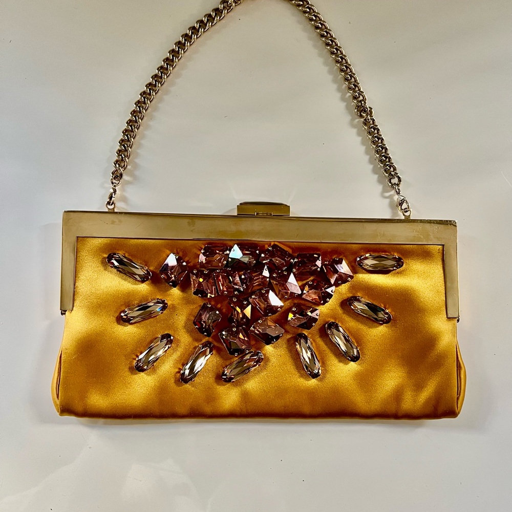 Devi Kroell Elegant Gold Satin Clutch with Crystal Embellishments
